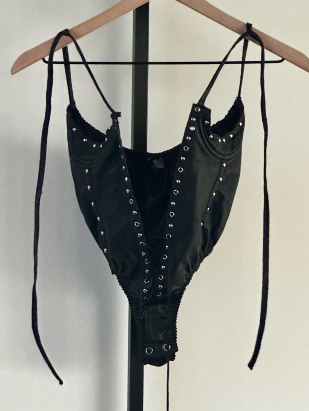 Vintage Leather Studded Lace Up Corset Bustier Bodysuit Top